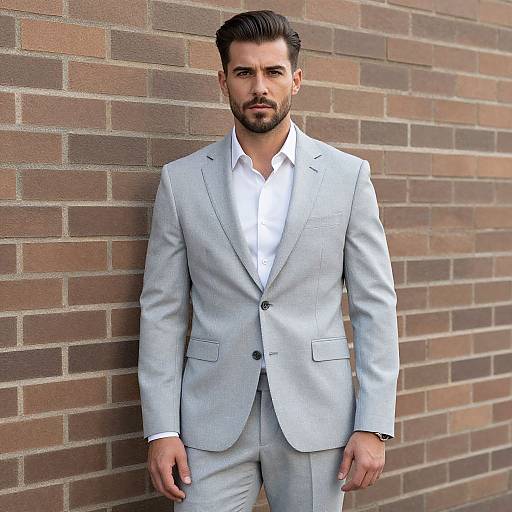 Stylish Man in Light Gray Suit Standing by Brown Brick Wall