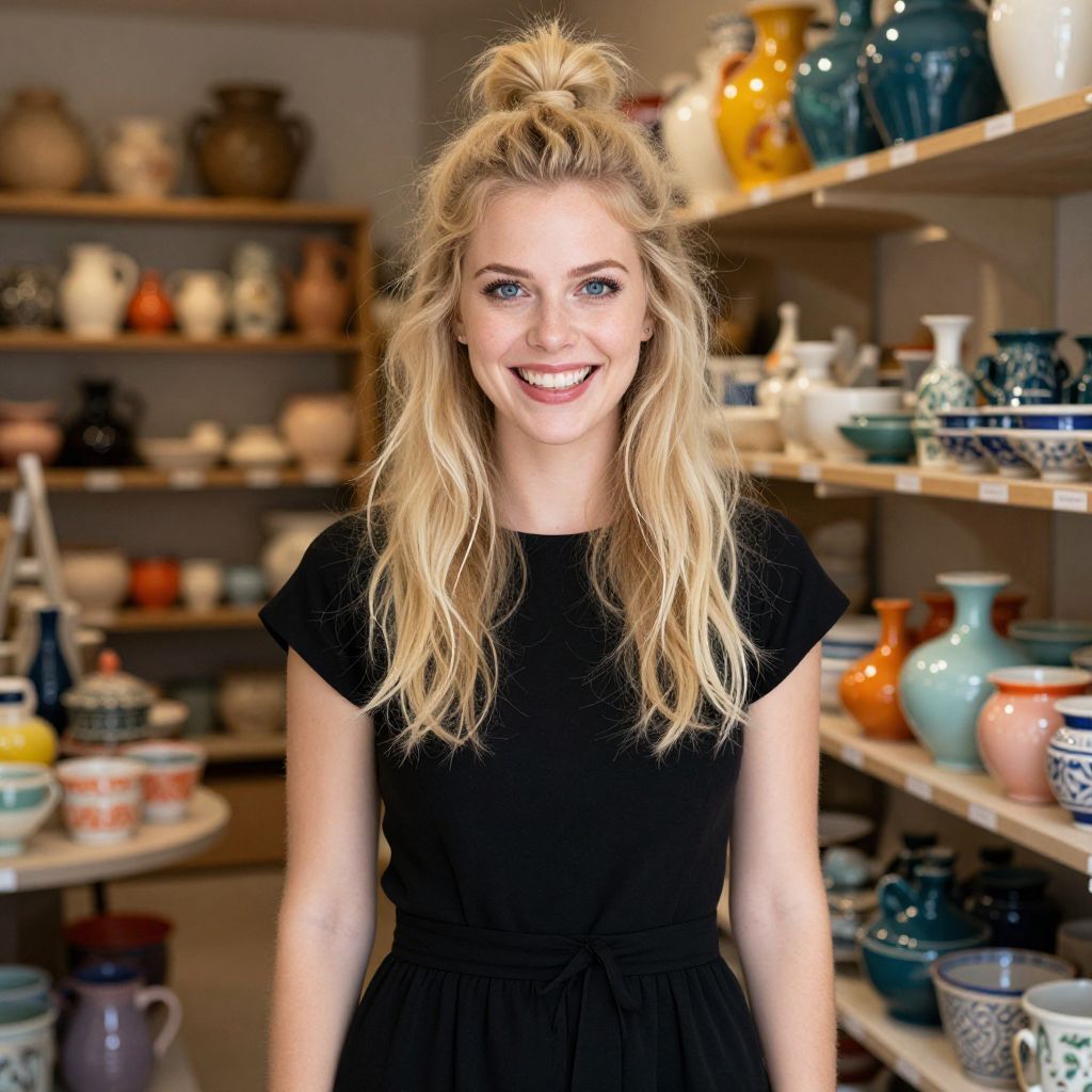 Smiling Woman in Pottery Shop with Colorful Ceramic Vases