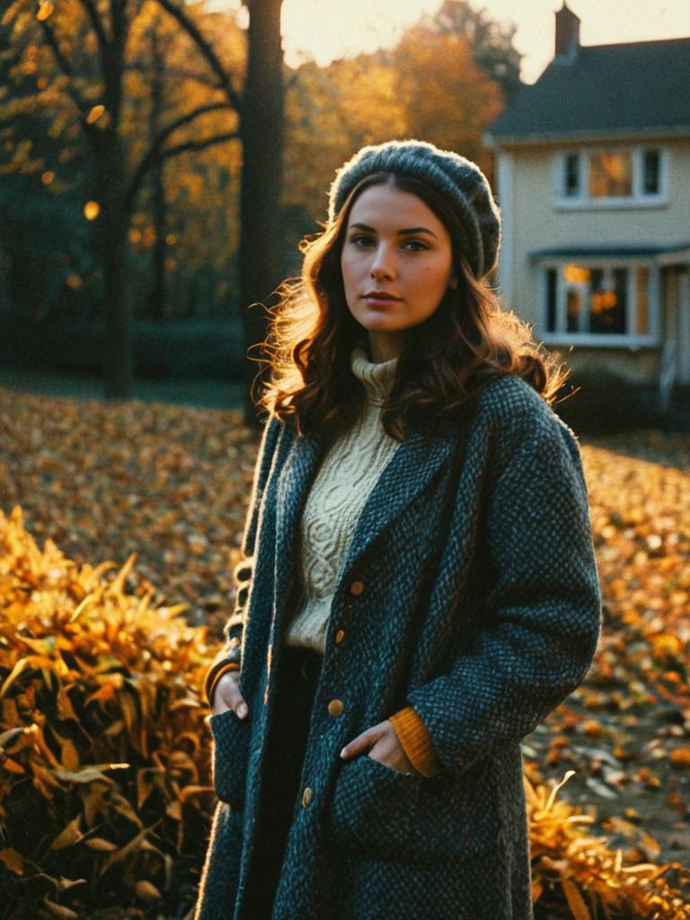 Woman in Vintage Cozy Fall Outfit during Golden Hour Cinematic Realism