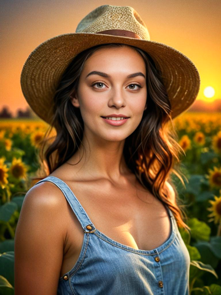 Young Woman in Sunflower Field at Sunset