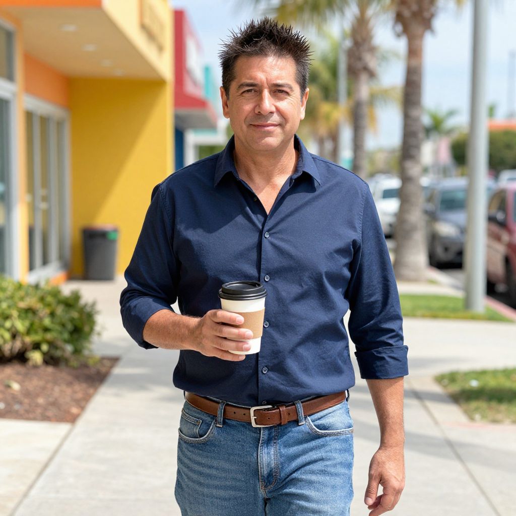 Casual Middle-Aged Man Walking with Coffee on Sunny Sidewalk