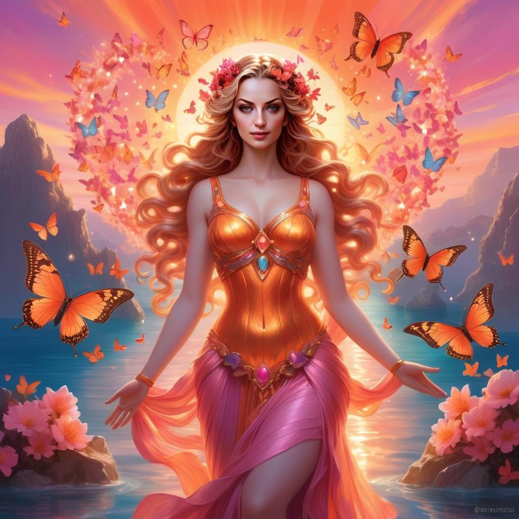 Elegant Woman in Flowing Gown by Water at Sunset Elegant Woman in Flowing Gown by Water at Sunset