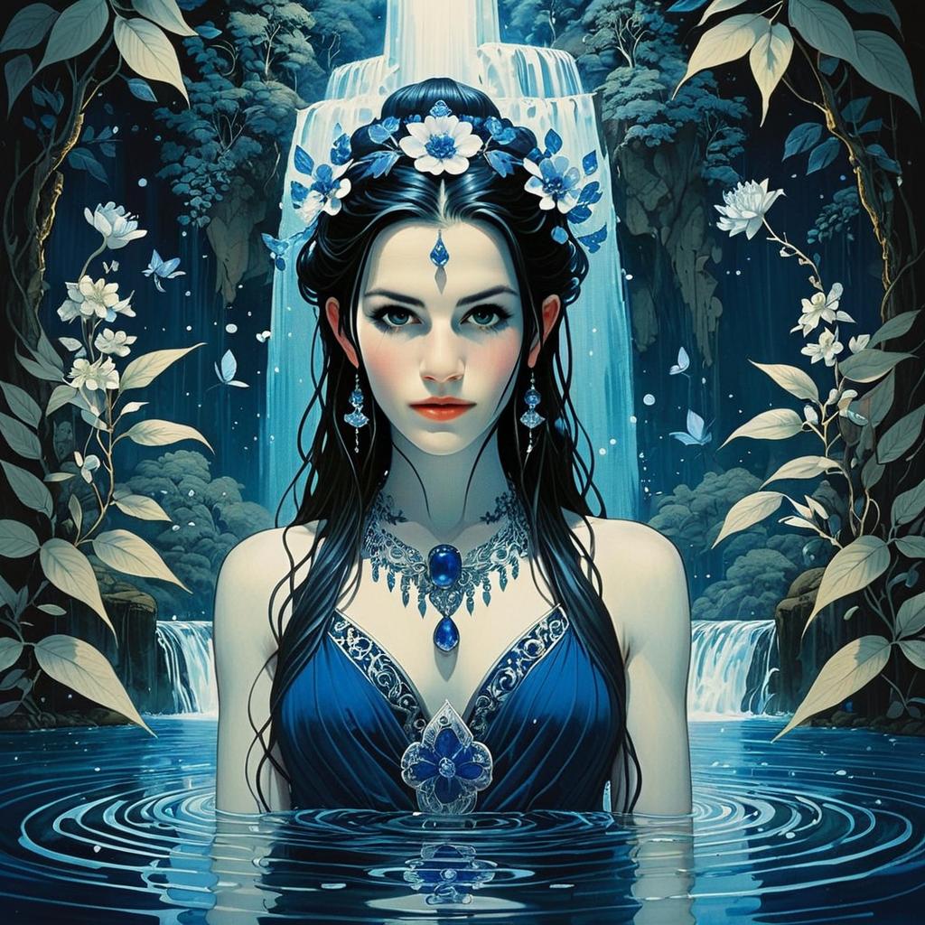 Mystical Woman in Blue Waterfall Fantasy Digital Art