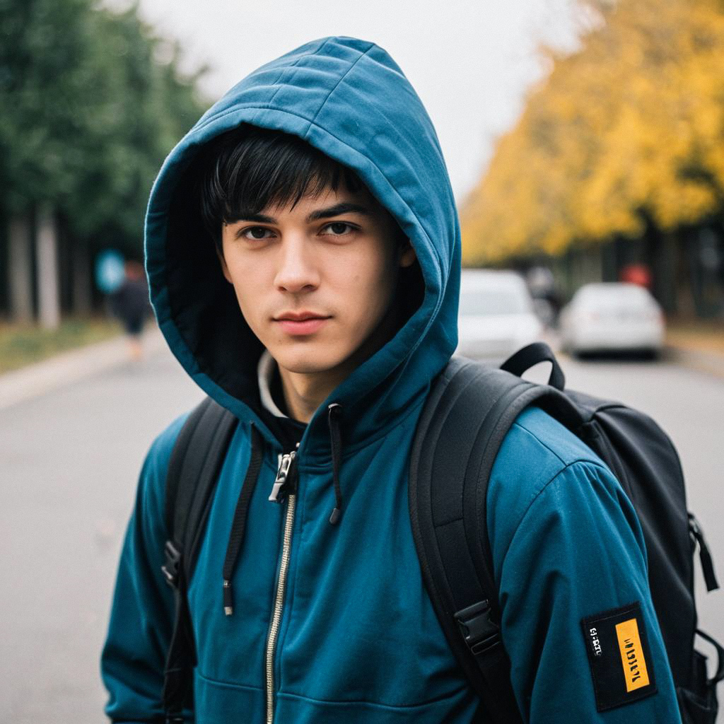 Confident Young Man in Blue Hoodie with Autumn Background