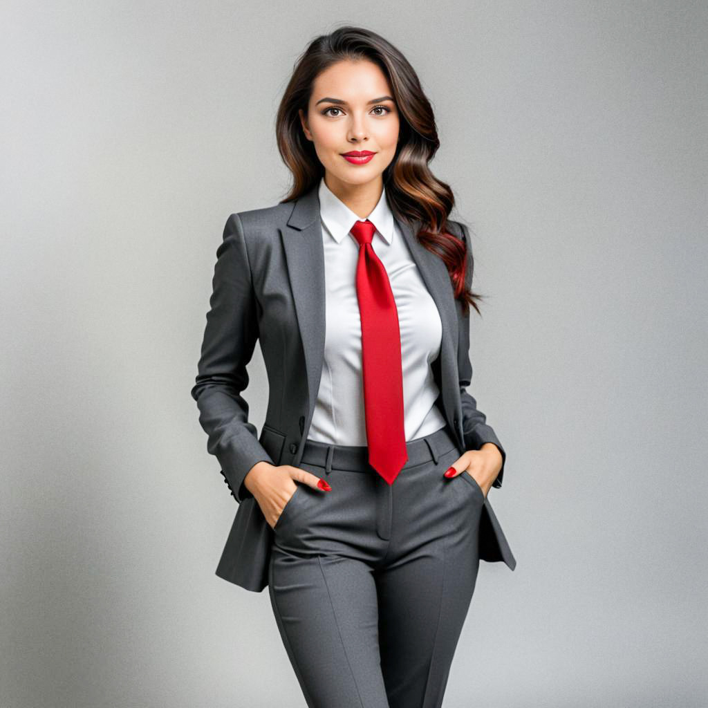 Confident Woman in Gray Suit with Red Tie