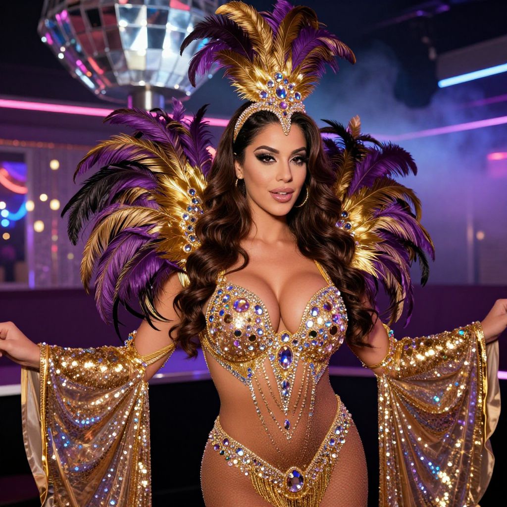 Glamorous Woman in Gold and Purple Showgirl Costume in Nightclub