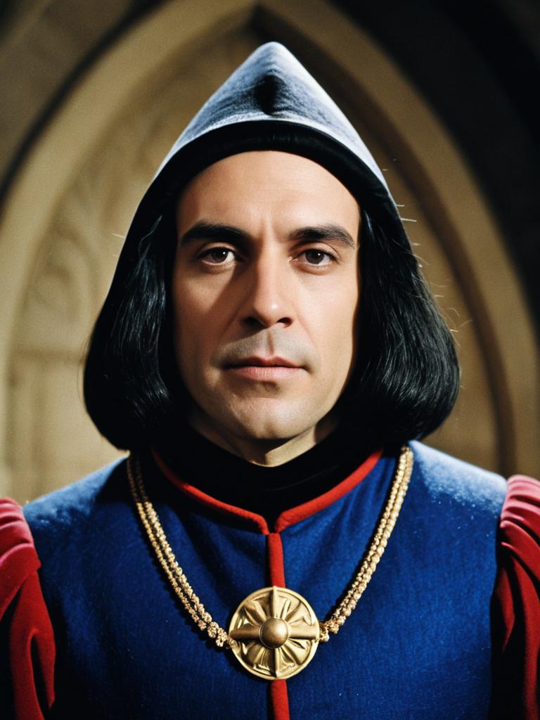 Man in Medieval Garment with Blue and Red Accents