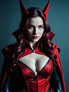 Woman in Scarlet Witch Costume Editorial Photorealistic Portrait