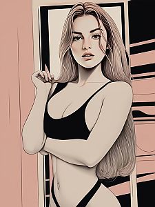 Stylized Digital Illustration of Confident Woman in Black Bikini