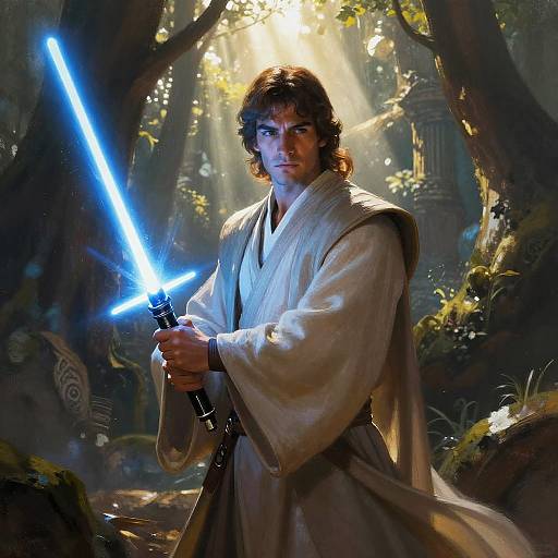 Epic Jedi Warrior with Blue Lightsaber in Mystical Forest