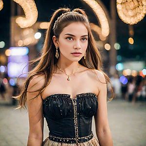 Confident Young Woman in Elegant Black Dress with Lights