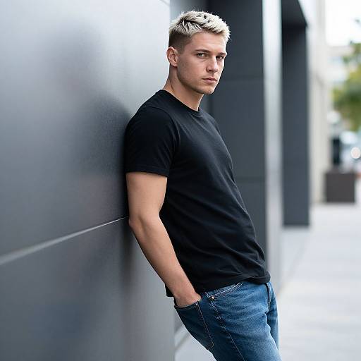 Young Man Leaning on Wall Wearing Black T-Shirt and Blue Jeans Urban Style