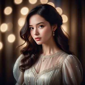 Elegant Woman in Embroidered Gown with Bokeh Lights
