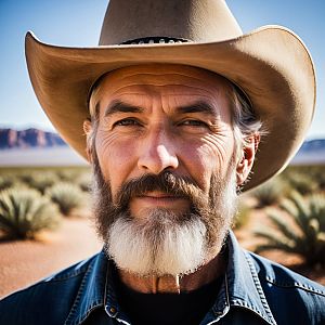 Middle-aged Man in Cowboy Hat in Desert Landscape