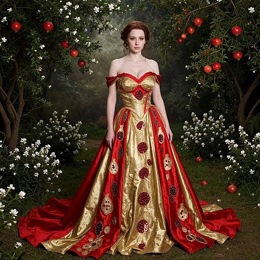 Woman in Regal Gold and Red Pomegranate Embroidered Gown in Garden