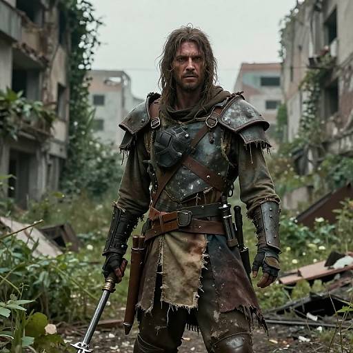 Medieval Warrior in Post-Apocalyptic Urban Ruins