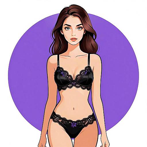 Elegant Woman in Black Satin Bralette and Lace Lingerie Digital Illustration