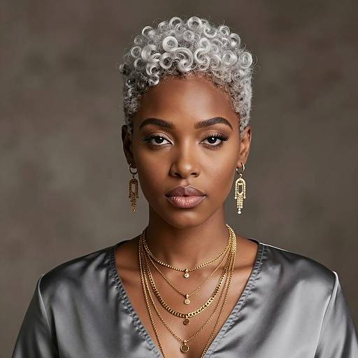 Elegant Woman with Short Platinum Curly Hair and Gold Jewelry in Gray Silk Blouse
