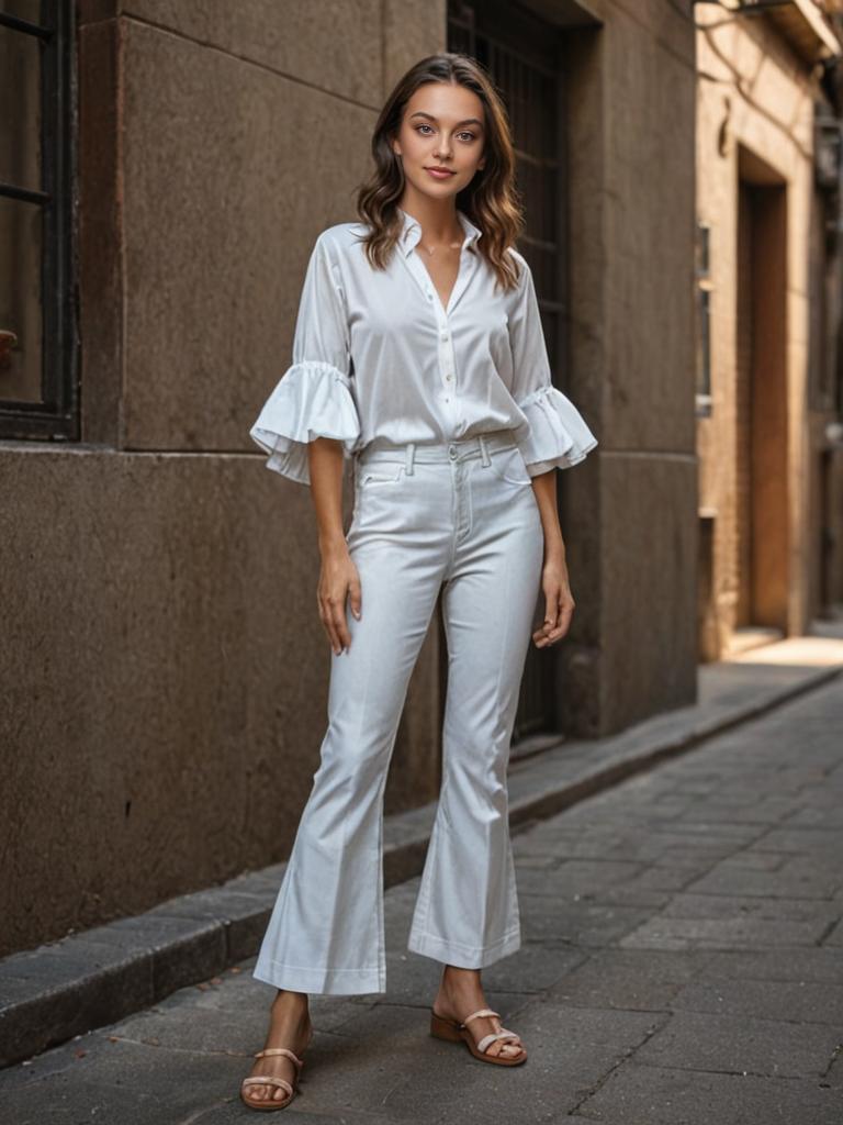 Stylish Woman in White Outfit on City Street