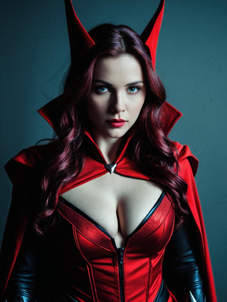 Woman in Scarlet Witch Costume Editorial Photorealistic Portrait