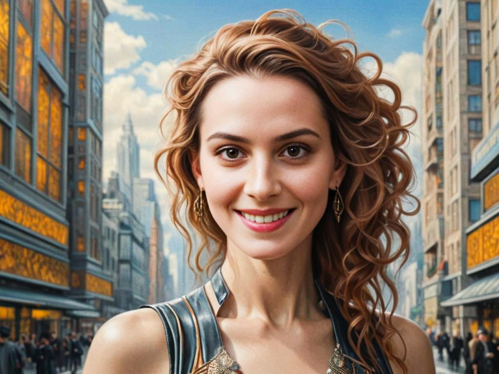 Cheerful Woman in Vibrant Cityscape