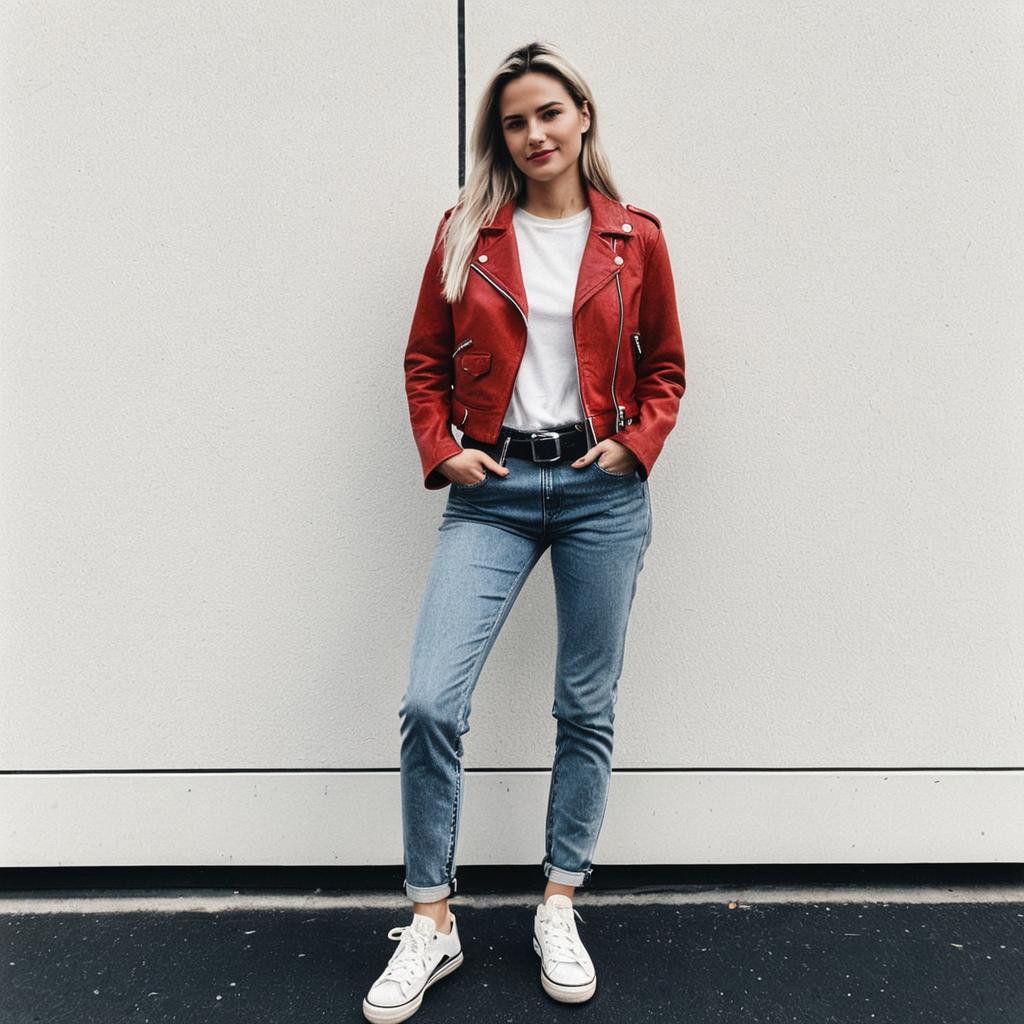 Young Woman in Red Leather Jacket and Casual Jeans Urban Fashion