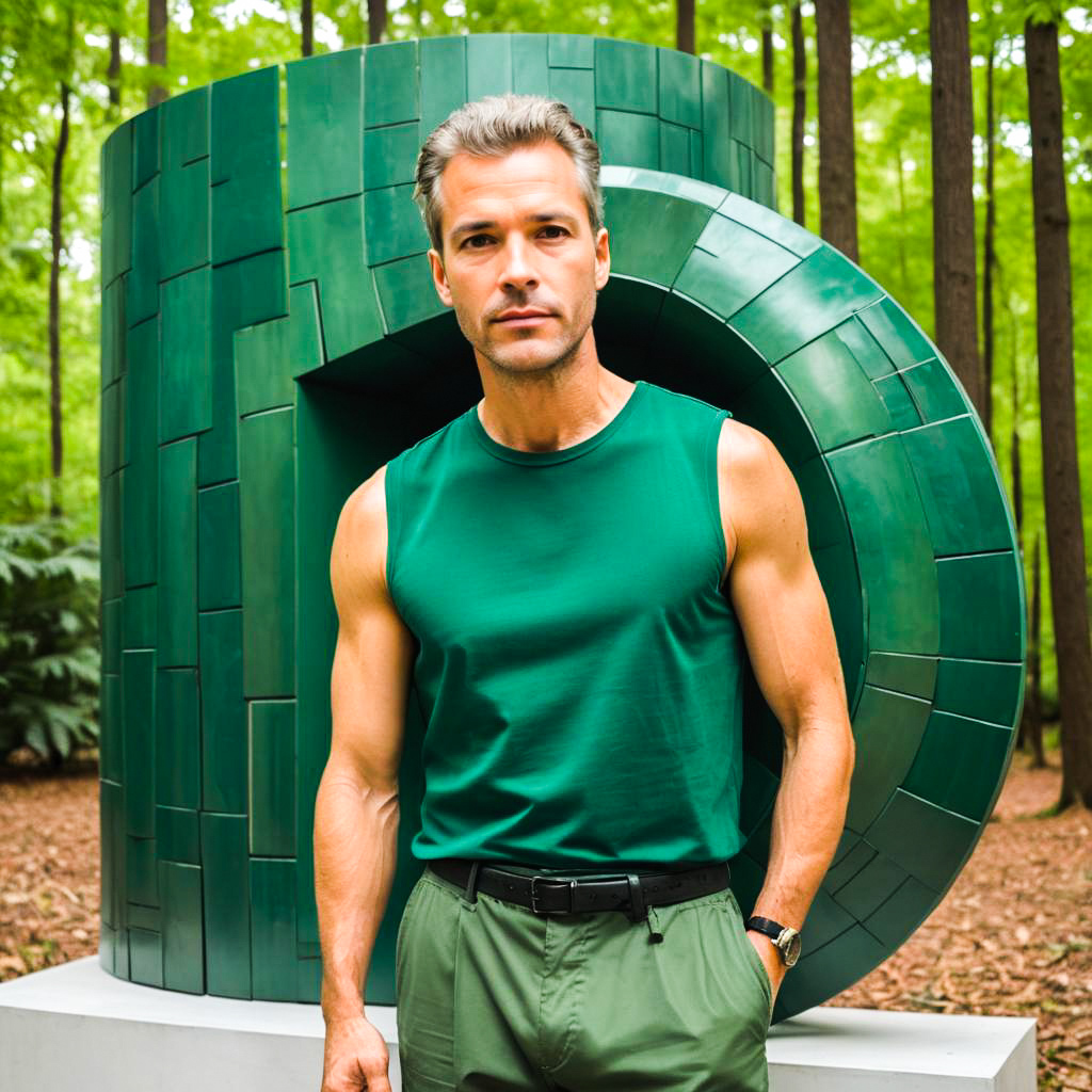 Man in Stylish Outfit with Sculpture in Forest