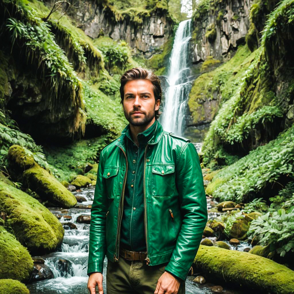 Man in Green Jacket in Lush Forest with Waterfall