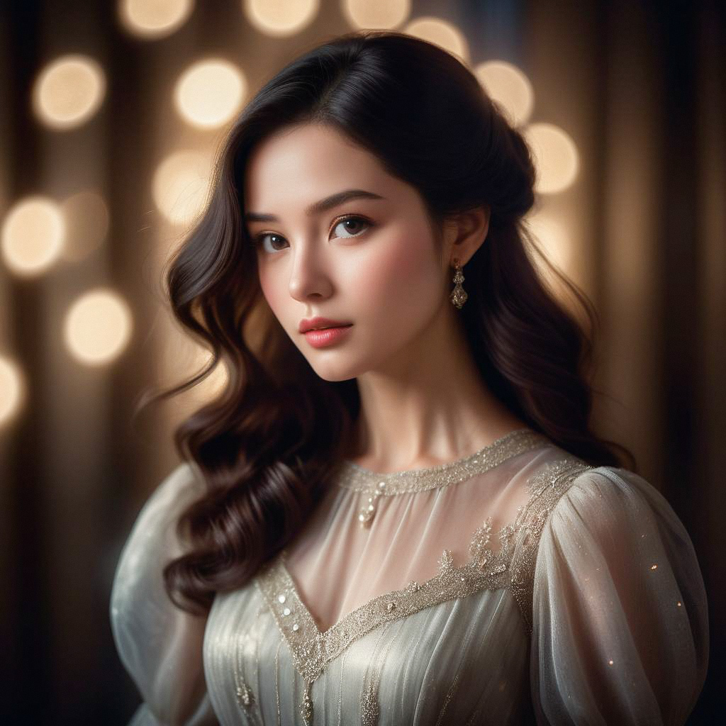 Elegant Woman in Embroidered Gown with Bokeh Lights Elegant Woman in Embroidered Gown with Bokeh Lights