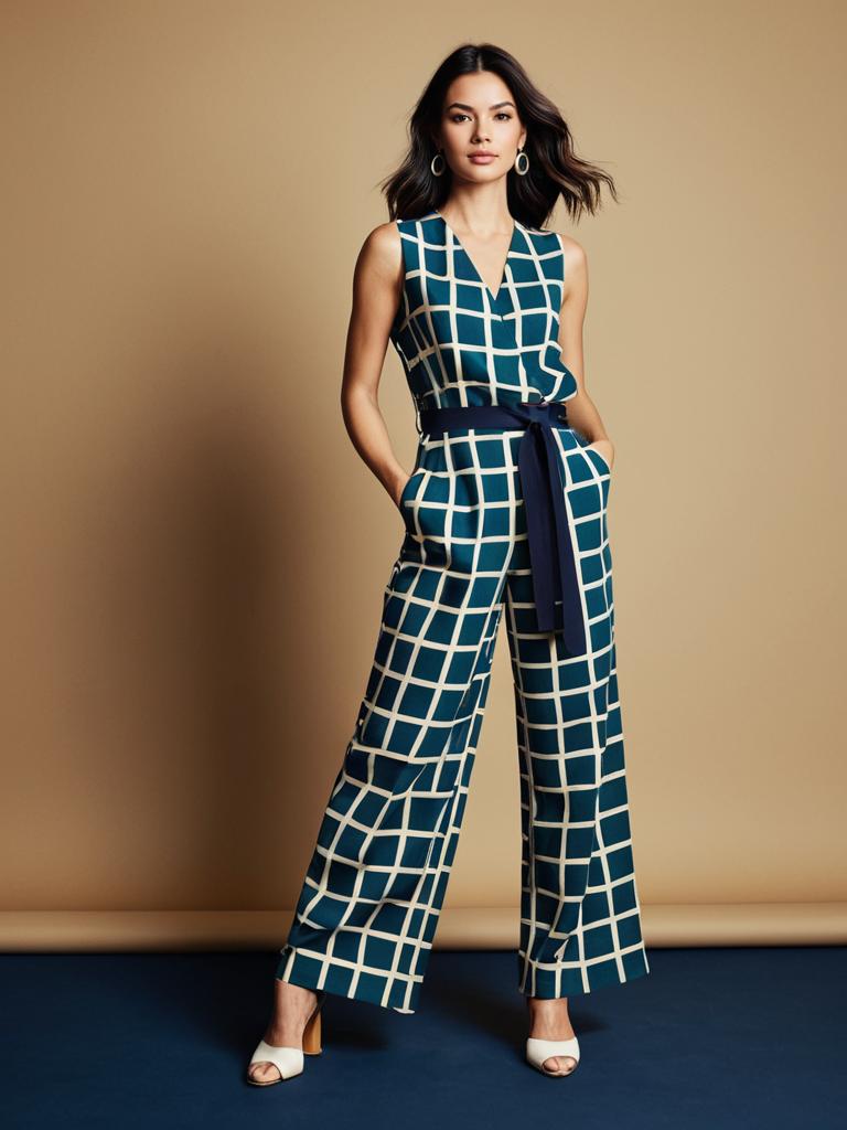 Stylish Woman in Teal Windowpane Check Jumpsuit with Navy Belt