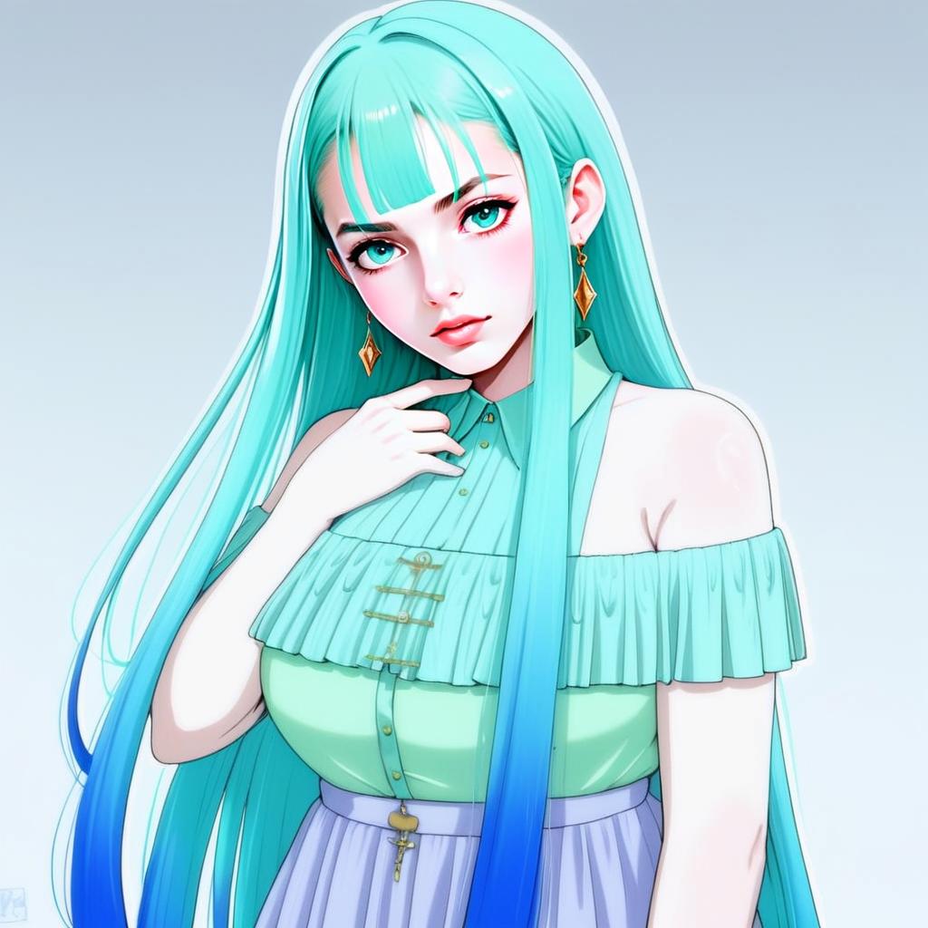 Anime Woman with Turquoise Hair in Off-Shoulder Pastel Outfit Illustration