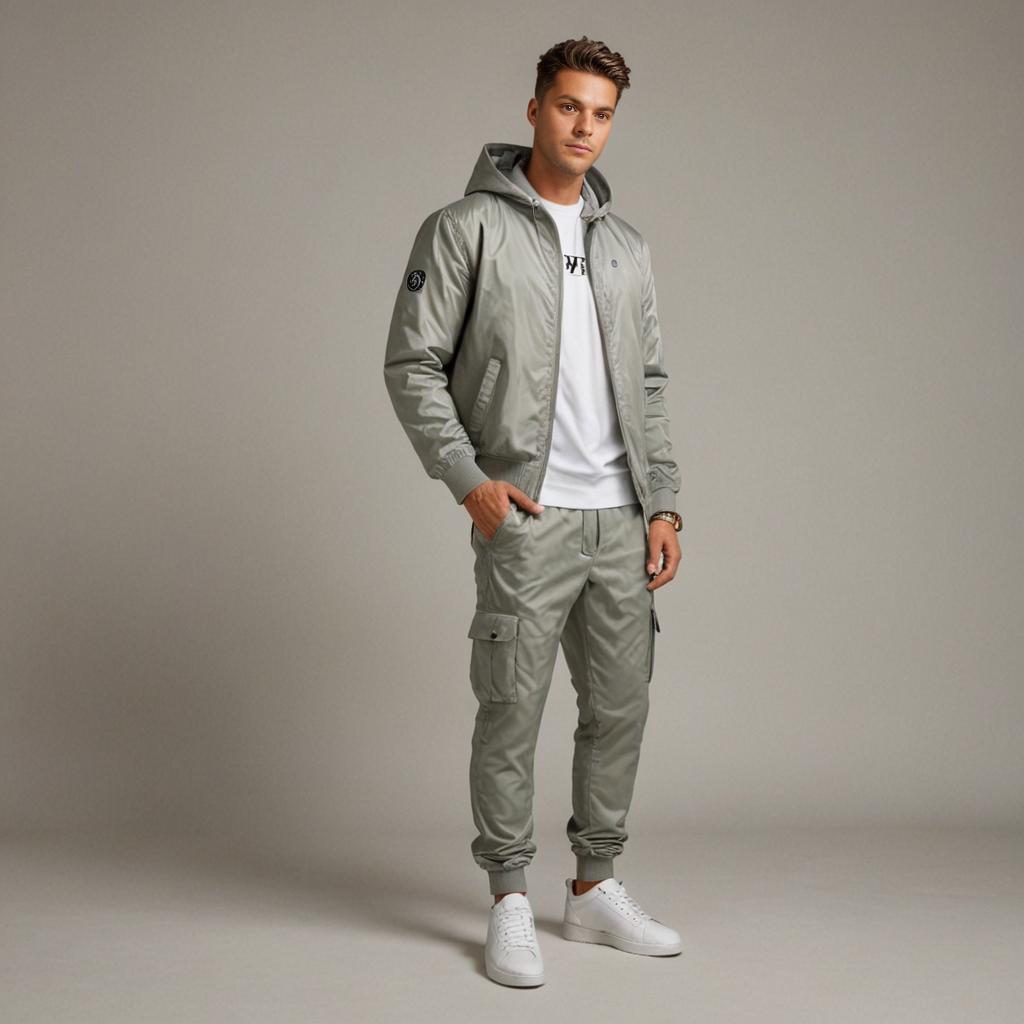 Stylish Man in Minimalistic Gray Bomber Jacket and Cargo Pants