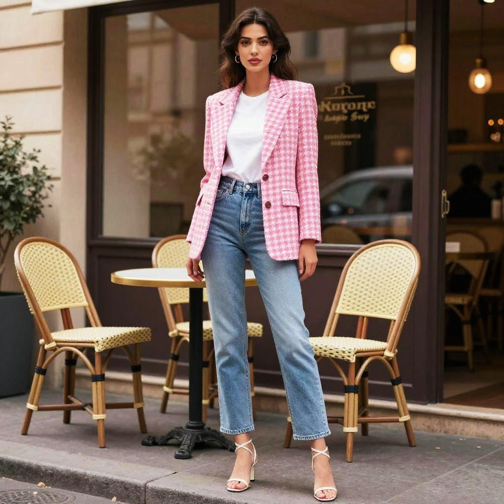 Tall Woman Wearing Pink and White Houndstooth Blazer with Jeans Outdoors