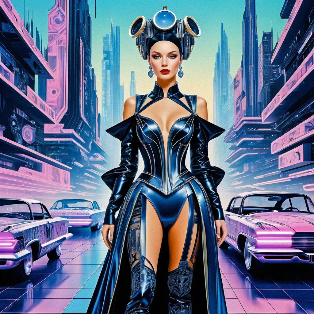 Futuristic Woman in Sci-Fi Outfit Against Neon Cityscape