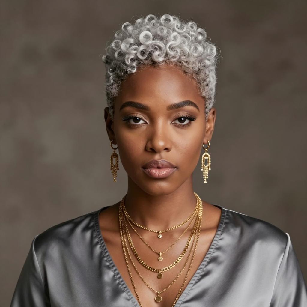 Elegant Woman with Short Platinum Curly Hair and Gold Jewelry in Gray Silk Blouse