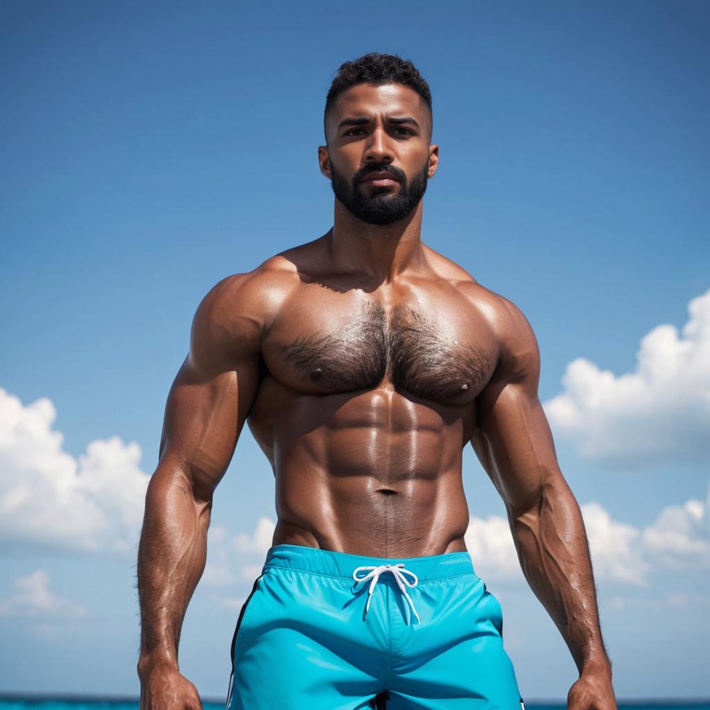 Muscular Man in Blue Swim Shorts at the Beach with Clear Sky