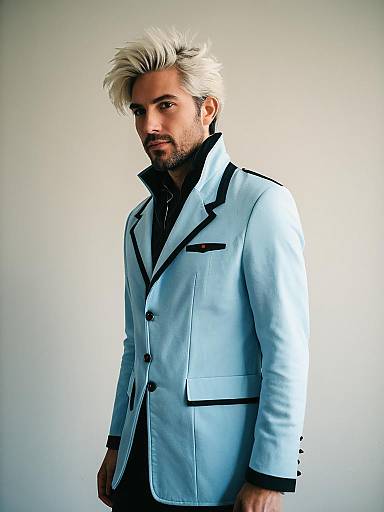 Man in Skyblazer Cosplay Costume Sky Blue Jacket Realistic Photo