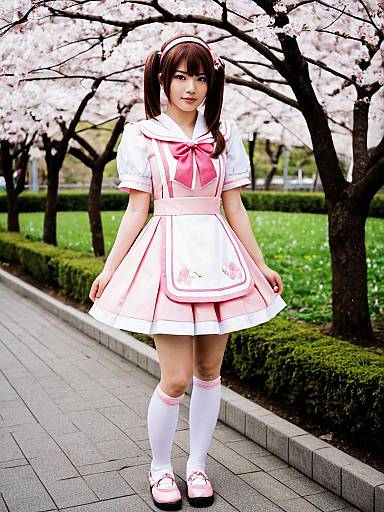 Muramatsu Sakura Cosplay in Pink Maid Outfit under Cherry Blossoms