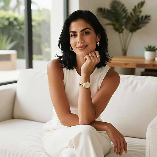 Elegant Woman in White Dress Relaxing on Sofa in Modern Living Room
