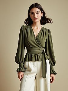 Elegant Olive Green Wrap Blouse with Puff Sleeves and Cream Trousers