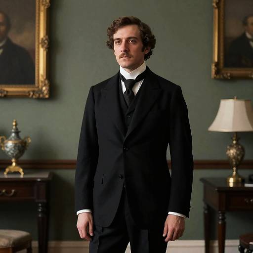 19th Century Man Fashion in Black Suit and Tie Standing in Elegant Room