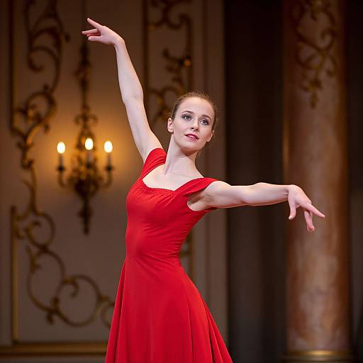 Ballet Dancer in Red Dress Performing Graceful Pose in Ornate Theater