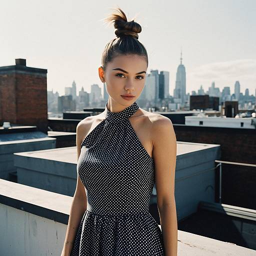 Young Woman in Polka Dot Dress on Urban Rooftop with City Skyline