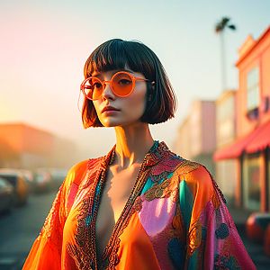 Stylish Woman in Vibrant Outfit with Orange Sunglasses