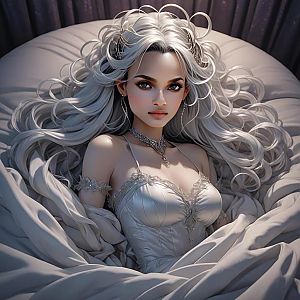 Fantasy Woman with Silver Hair in White Dress