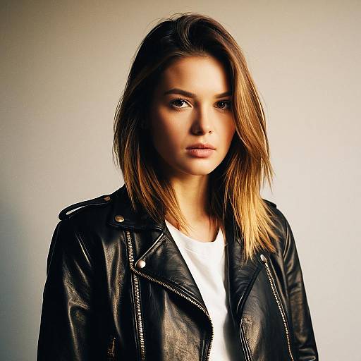 Realistic Portrait of Young Woman in Black Leather Jacket