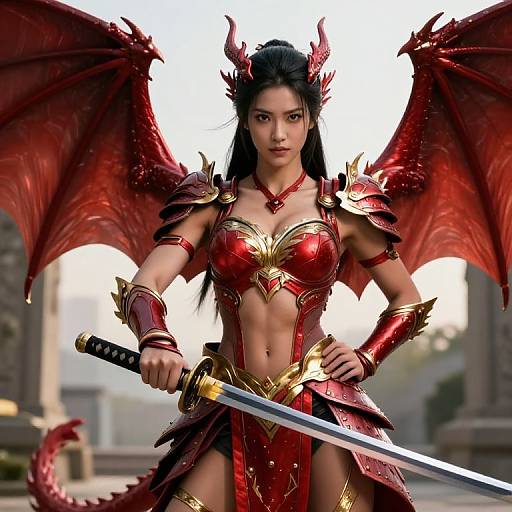 Dragon Warrior Woman in Red Armor with Katana and Wings