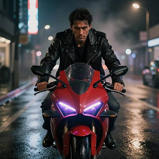 Man on Red Sports Motorcycle in Moody Urban Night Scene
