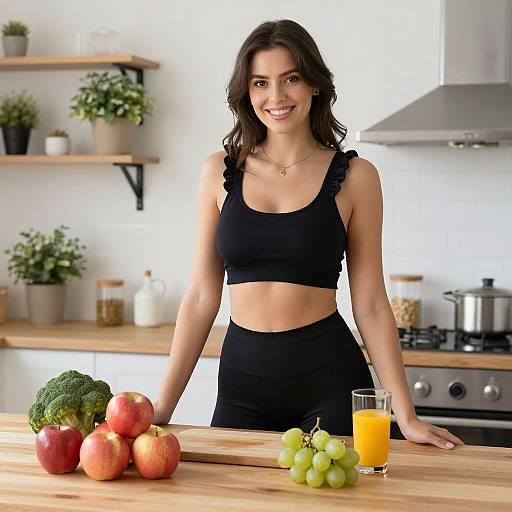 Healthy Lifestyle Woman in Black Workout Clothes in Modern Kitchen