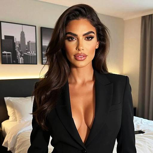 Elegant Woman Wearing Black Blazer with Deep Neckline in Modern Room